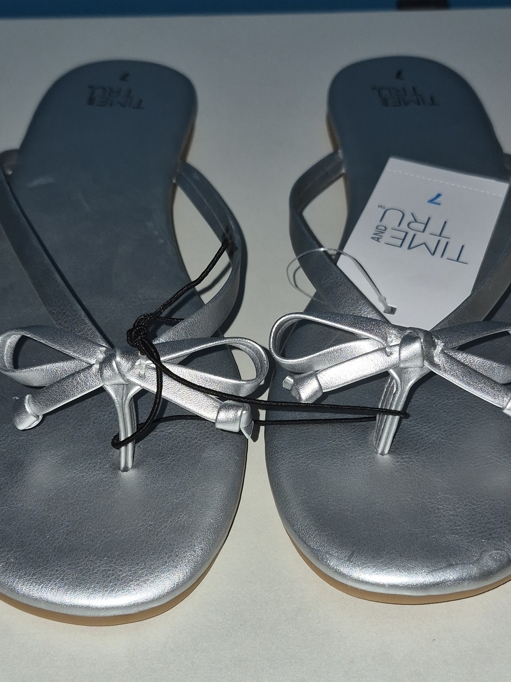 Time and Tru Metallic Silver Bow Thong Sandals for Women